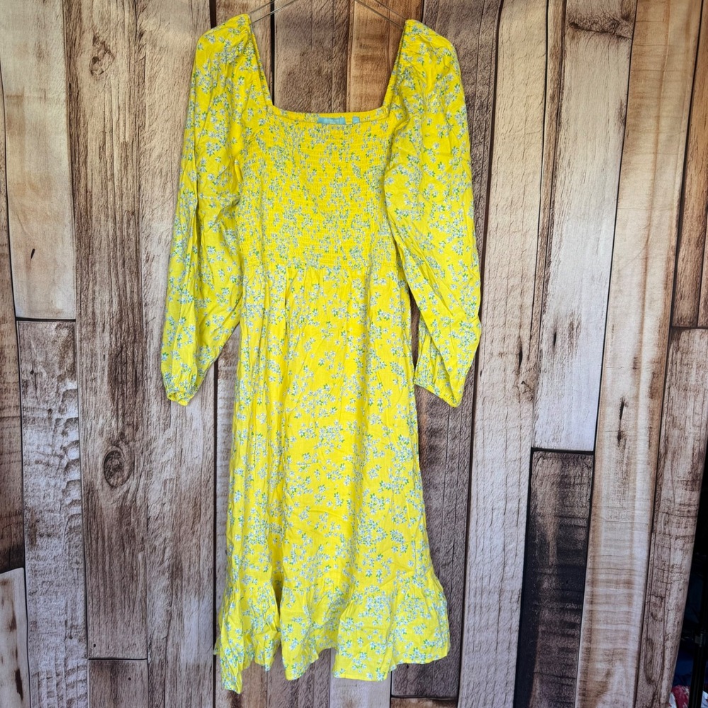 Draper James Smocked Floral Midi Dress Cottagecore Prairie Spring‎ Yellow XL NWT